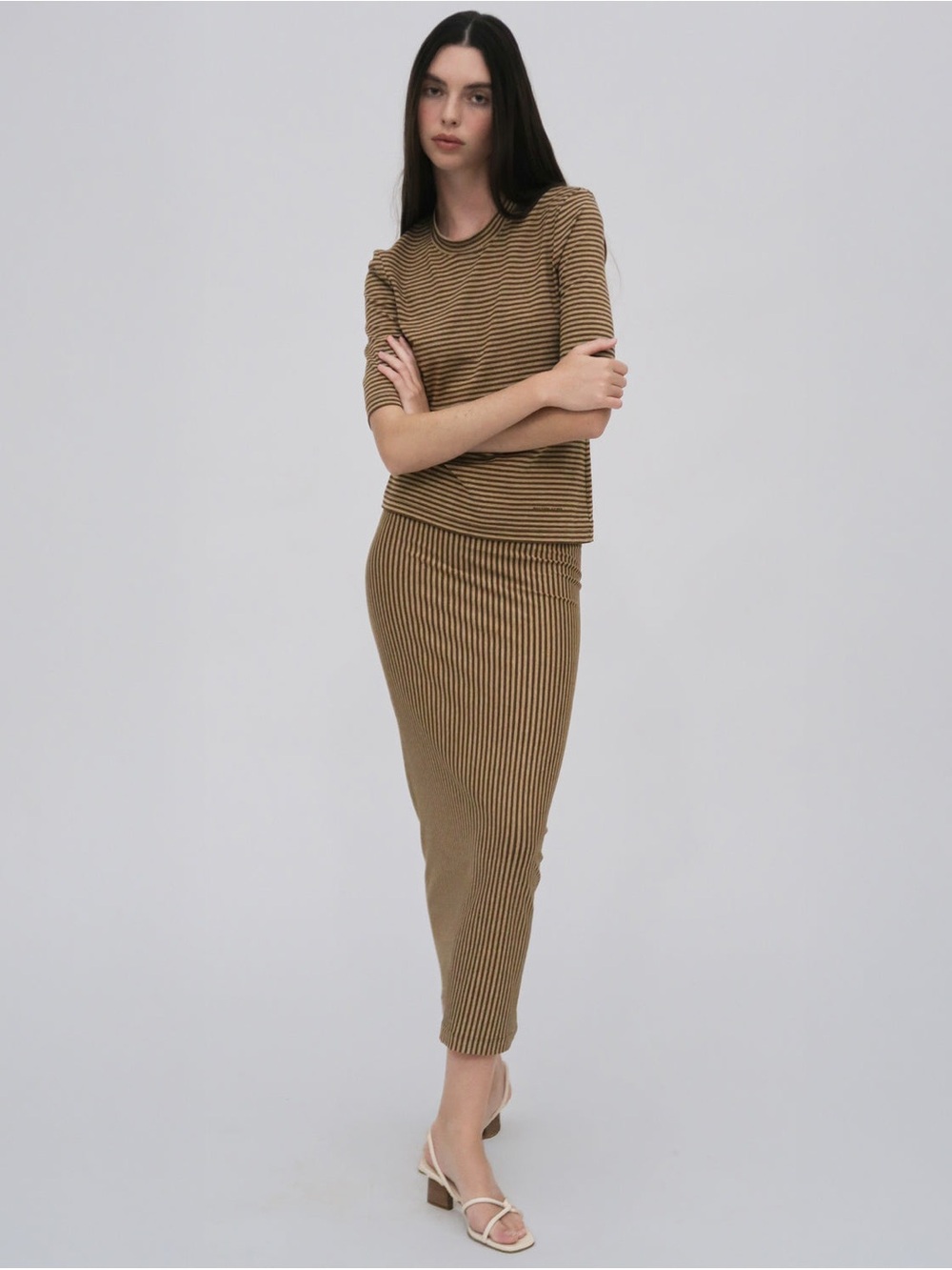 Rosetta Getty Striped Jersey Tube Maxi Skirt Tan Brown Cream Sz Large